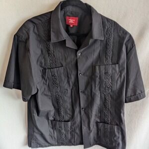 Maximos USA Yucatan Black Guayabera Short Sleeve Embroidered Shirt 2XL